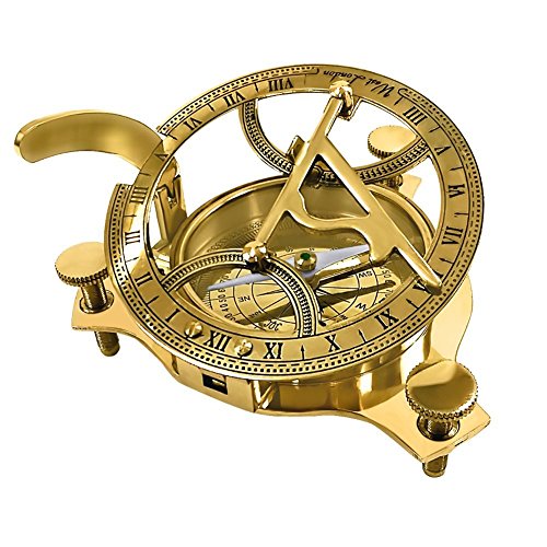 A hand-tooled solid brass sundial compass that doubles as a desk artifact — it tells time with sunlight and looks like it belongs in a ship captain's study.