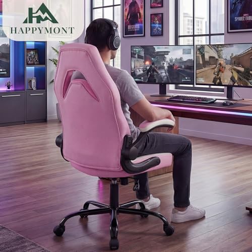 Image of Ergonomic Computer Gaming Chair - Home Office Desk with PU Leather Lumbar Support, Height Adjustable Big and Tall Video Game with Flip-up Armrest, Swivel Wheels for Adults,White and Pink