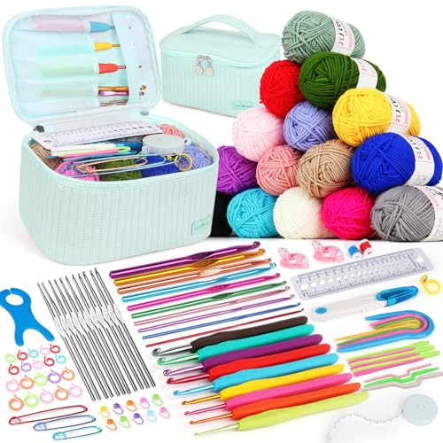 Aeeque 102 pcs Kit Crochet Débutant Complet Adulte, 12pcs 0,6-1,9mm Aiguille à Crochet pour Dentelle, 9pcs Crochet Ergonomique, 15pcs Pelotes de Laine pour Crochet Tricot, Crochet Kit(Sac Bleu)