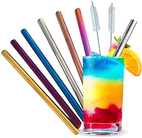 Lot 6 Pailles Inox Colorées Réutilisables + 2 Brosses + Sac Coton - 20 Recettes Smoothies Offertes