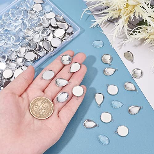 UNICRAFTALE about 90 Sets Flat Round & Teardrop & Oval Mixed Styles Tray Pendants Making Kits 304 Stainless Steel Pendant Cabochon Settings and Clear Glass Cabochon for Necklaces Jewelry Making