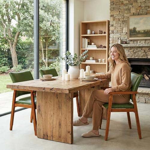 Image of NOBPEINT Mid-Century Modern Dining Chairs with Armrest Set of 2, PU Leather Upholstered Dining Room Chairs with Solid Wood Frame, Walnut Kitchen Armchairs for Kitchen Living Room Restaurant, Green