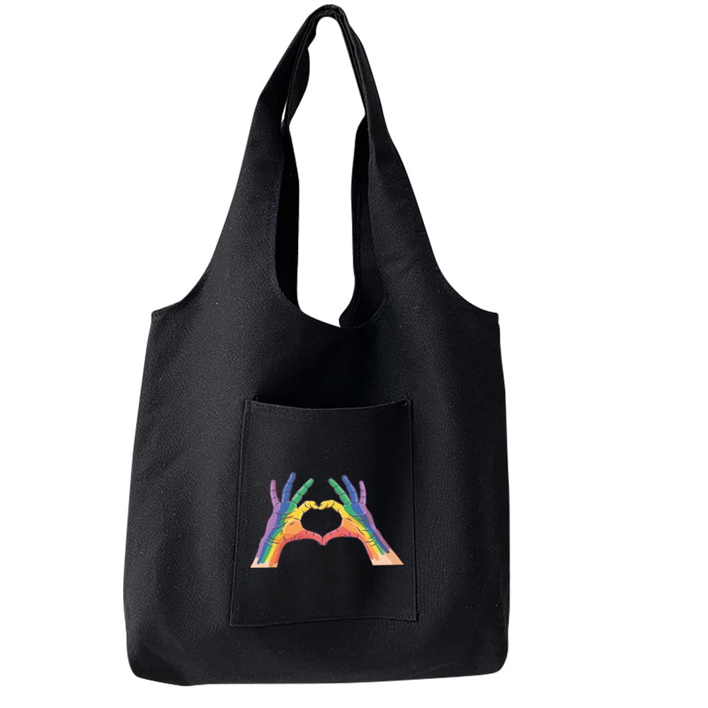 Reusable Heavy Duty Shopping Medium Tote Bag 100% Cotton Canvas with Strong Matching Handles,Shopping Bags Large Capacity Canvas Tote Bags with Inner Pocket (Finger Heart)