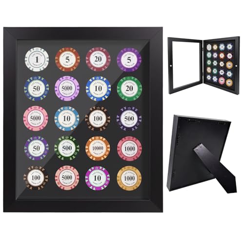 LIUXINYJEE Poker Chip Display Case Frame for 20 Chips,Front-Opening Display Case,Wall-Mount Or Tabletop Display with Hinged,Poker Chip Holder for Casino Collector 11.8" X9.8in