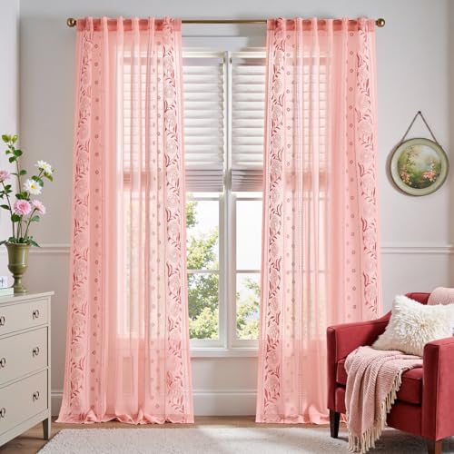 Image of jinchan Winslow Sheer Curtains 96 Inch for Bedroom Living Room Embroidered Bordered Floral Nursery Curtains for Girls Room Light Filtering Window Treatments, Pink on Pink, 2 Panels, 50 inch x 96 inch