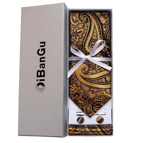 Image of DiBanGu Paisley Ties for Men Silk Necktie and Pocket Square Cufflinks Tie Clip Set Woven Classic Mens Tie for Wedding Party