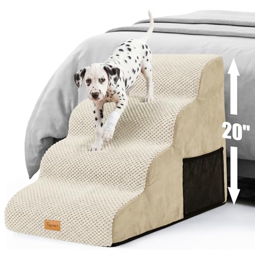 Image of Topmart High Density Foam Dog Stairs 4 Tiers,Extra Wide Deep Pet Steps | Non-Slip Pet Stairs,Dog Ramp for Bed,Best for Older Injured Pets,Cats with Joint Pain