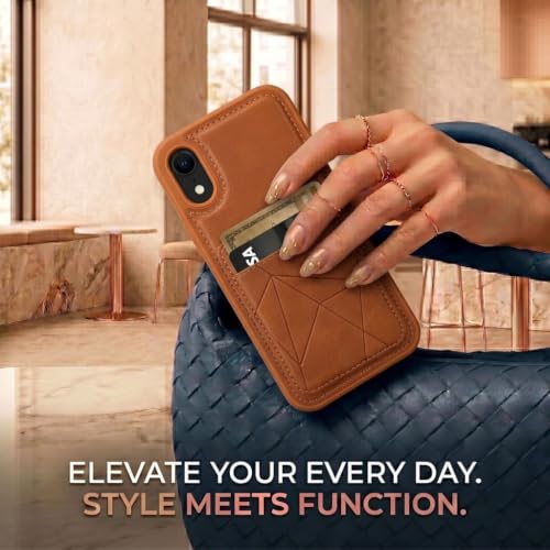 Image of amazon basics Premium Vegan Leather Back Cover with Card Holder and Integrated Mobile Stand for iPhone XR - Slim Shockproof Wallet Case with Geometric Stitching [Tan]
