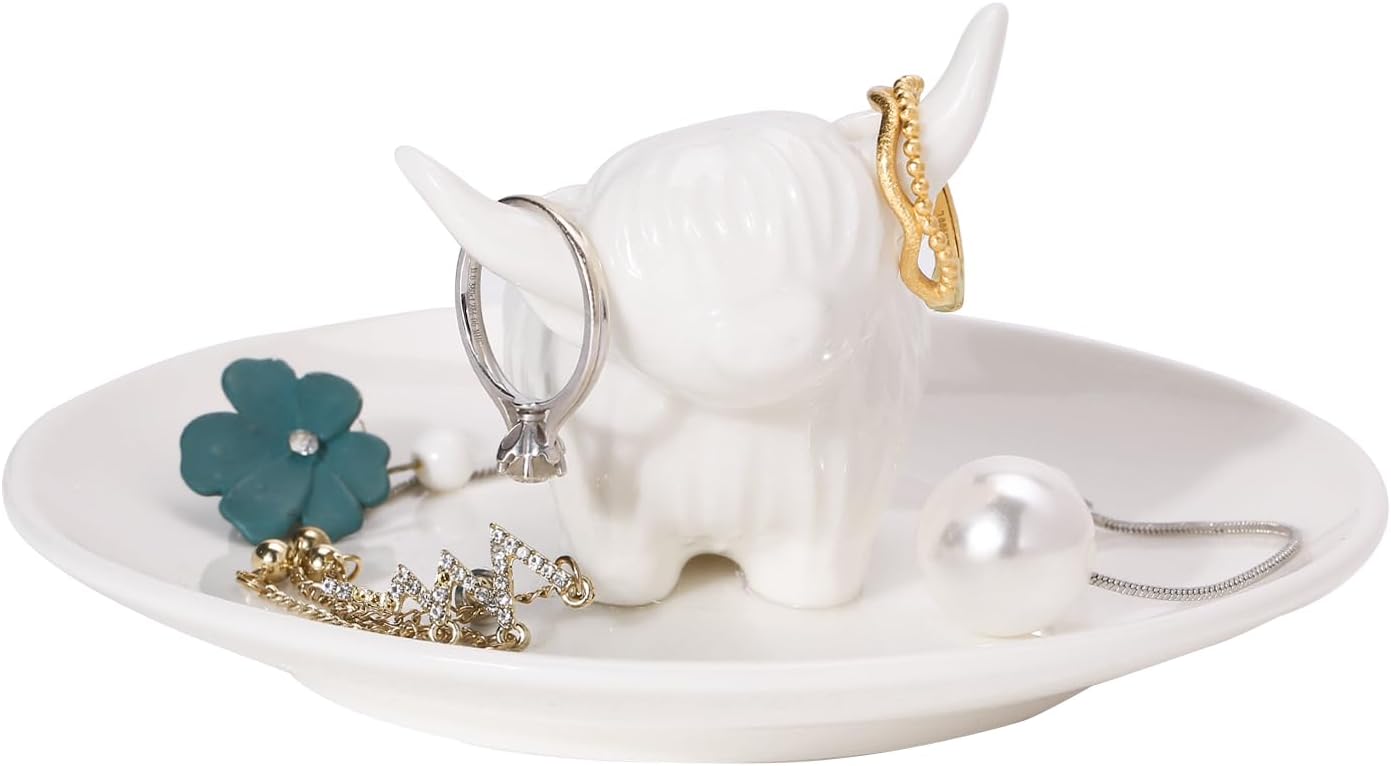 Highland Cow Ring Holder Dish for Jewelry Cute Unique Ceramic Christmas Gifts for Women Girls Birthday Wedding Graduation Valentines, Jewelry Plate Tray Organizer for Earrings Bracelets Necklace Decor
