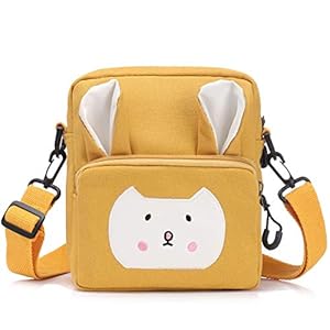 Wodasi Kinderschoudertas meisjes handtas schoudertas portemonnee kindertas meisjes, schattige kleine meisjes schoudertas handtas met schattige konijnenoren, zeildoek, geel