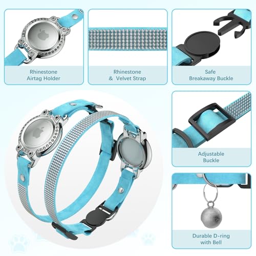 Image of AirTag Cat Collar Breakaway, Rhinestone Velvet Cat Collars with Air Tag Holder and Bell, Adjustable Comfortable GPS Tracker Cat Collar for Girl Boy, Kittens, Puppies(Blue)