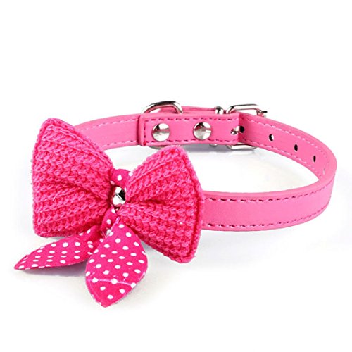 Malloom® bowknot Tejer ajustable Cuero de la PU perro cachorro Mascota collar (rosa fuerte(hot pink))