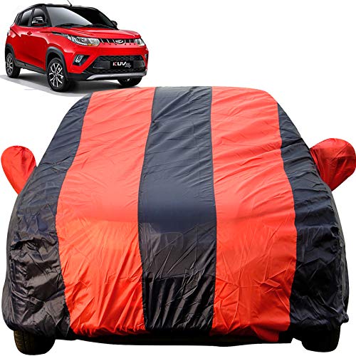Image of Autofact Car Body Cover for Mahindra KUV100 (Mirror Pocket, Premium Fabric, Triple Stiched, Fully Elastic, Red /Blue Color)