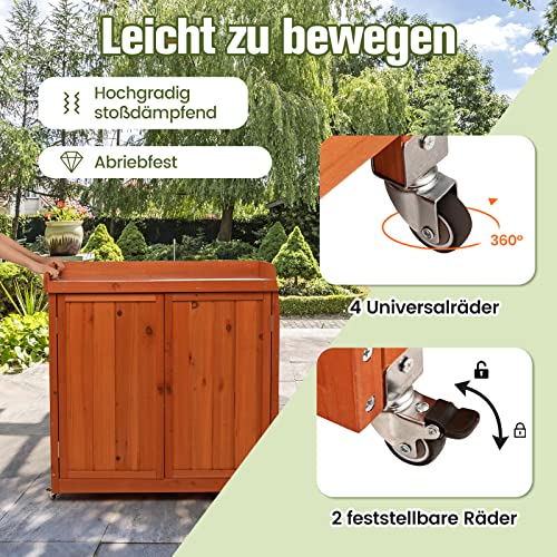 COSTWAY Gartenschrank Holz, Lagerschrank Garten, Holzschrank mit herausnehmbarem Regal, Stahl-Platte, Geräteschrank auf Rollen, Gerätehaus Geräteschuppen, Schuppen Schrank, 98,5x48x100cm – Bild 6