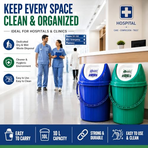 Image of PulGos Pack of 2,10Ltr Plastic Swing Lid Dustbin for Wet and Dry Garbage