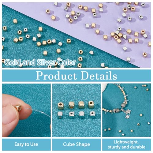 Hobbspring 400Pcs Gold and Silver Spacers Beads 2 Colors Bulk Tiny Square Beads 4mm Small Cube CCB Plastic Bead for Jewelry Necklace Bracelets Earrings Making DIY Crafts - Image 4
