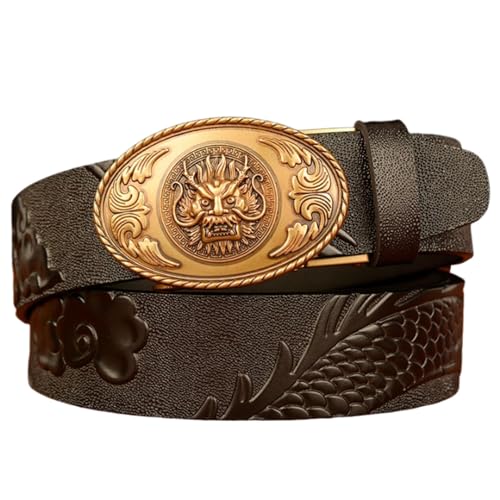 Men's Cow Leather Ratchet Belt With Dragon Head Pattern & Oval Automatic Buckle - Business Casual2