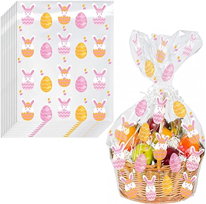 AnapoliZ Easter Cellophane Wrap Bags | (10 Pcs) X-Large 24” in X 30” in | 2.5 Mil Thick Crystal Clear Cellophane Bags for Easter Baskets | Gifts, Baskets Wrapping | Easter Bunny & Eggs Baskets Bags