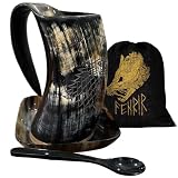 FENRIR Viking Drinking Horn Coffee Mug & Spoon With Plate | Norse Real Ox Horn| Food Grade Medieval | Hot and Cold Beverages Tea, Beer, Ale, Mead, Whiskey | 14-16 oz Wolf Handmade Engraved