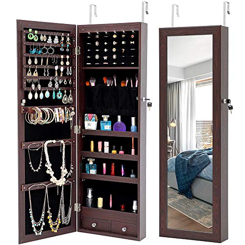 Veryke Large Jewelry Armoire Storage Cabinet, Lockable Wall Door Mounted Jewelry Organizer Box with LED Lights, Mirror and Drawers for Women Bedroom (Brown)