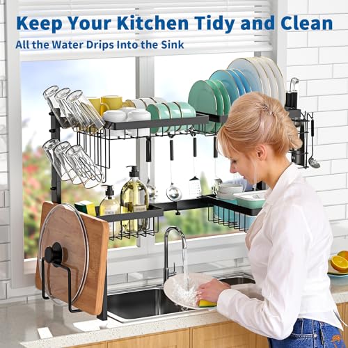 Image of Over The Sink Dish Drying Rack,Expandable 2-Tier Stainless Steel Over The Sink Dish Rack with Utensil Holder Dish Drainers for Kitchen Counter