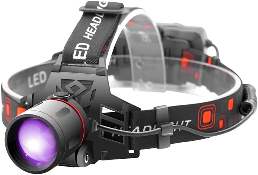 Black UV Head Torch, Rechargeable Purple Head Light with 395nm Ultraviolet Light, Zoom UV Torch for Night Fishing, Auto Oil HVAC Leaks, Scorpions