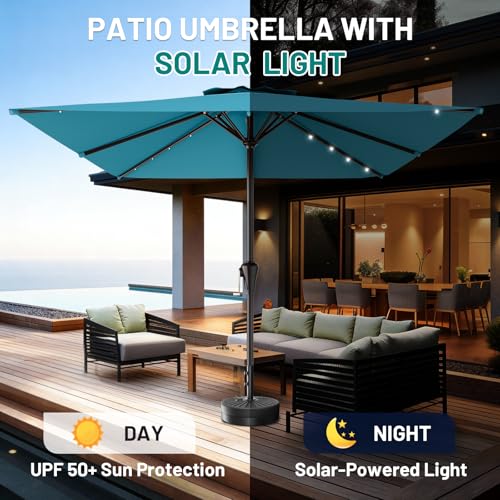 Image of AreShark 8' X 10' Rectangular Patio Umbrella with Solar Lights, Lighted Solar Umbrella with Crank, Outdoor Table Umbrella for Garden, Deck, Backyard, Pool and Beach, Lake Blue