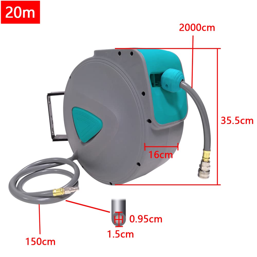 UISEBRT Manguera de carrete Aire Comprimido Automático 20m - Carrete Manguera 1/4 BSP, Soporte de Pared Rotación de 180 °Gris (20m）