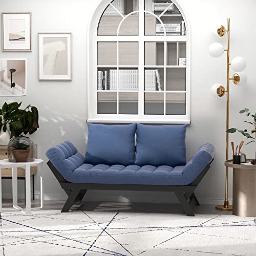 Homcom Single Person 3 Position Convertible Chaise Lounger Sofa Bed With 2 Large Pillows And Oak Frame, Dark Blue #TOP1