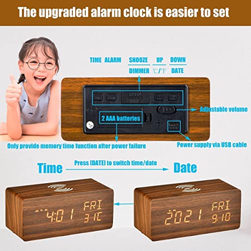 Hzdhclh Digital Desk Clock,Wireless Charging Alarm Clock,Bedside Table Clock With Snooze,Temperature,Dimmable Led Display,Usb Charging (Brown) #TOP5