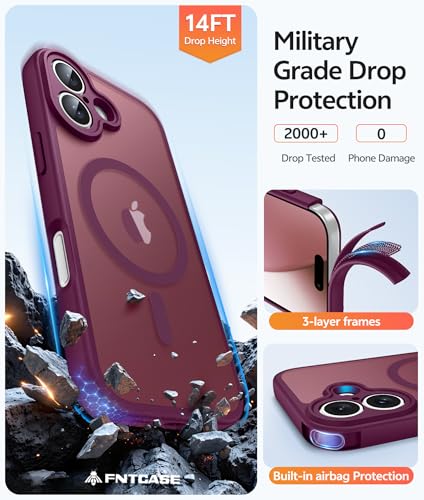 Image of FNTCASE for iPhone 17 Case: [Compatible with Magsafe] Translucent Matte Cases with [Full Camera Protection] [Screen Protector] Military Grade Shockproof Protective Phone Cover - Wine Red