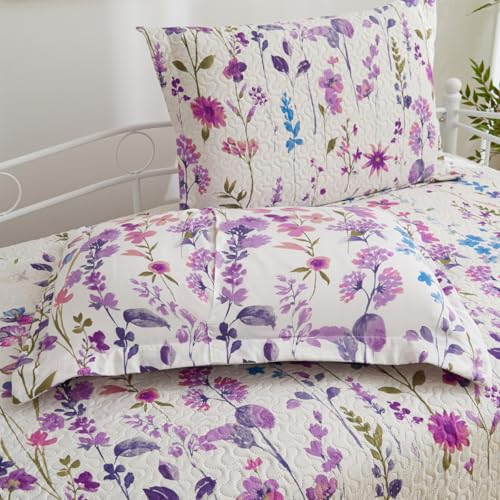 Image of Jarson 3 Pcs Floral Daybed Cover Set Twin Size Purple White Lilac Flower Sofa Cover Bedding Sets Double Side Bed Set for All Season Botanical Pattern Daybed Quilt Set with Pillow Shams