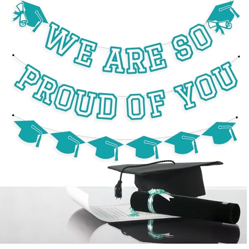Image of We Are So Proud Of You Banner Graduation Party Decorations Congrats Grad Cap Garlands Wall Sign Teal