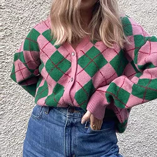 Image of Women's Long Sleeve Cardigan Sweater,Cute Y2K Top Knit Colorful Patterned V Neck Button Outwear S~XL