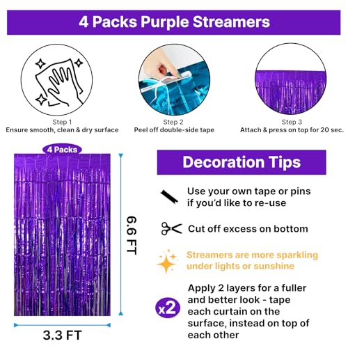 Image of 4 Pack Purple Foil Fringe Curtains, 13.2x6.6ft Streamers Backdrop for Birthday, Halloween, Graduation, Christmas, Bachelorette, Wedding, Witch Themed Party| Purple Streamers Party Decorations