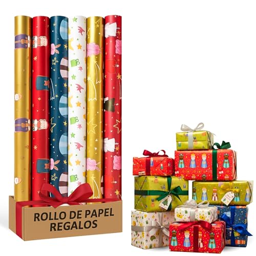 Rollo de papel para envolver regalos, Papel Regalo Cumpleaños, Papel Regalo Navidad, Papel navideño, Tamaño 70 cm x 2 Metros, Contiene 6 Rollos con diseños de Reyes Magos Multicolor