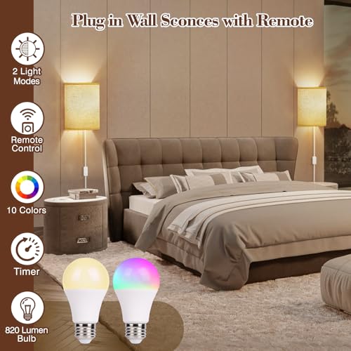 Image of Plug in Wall Sconces Set of Two: Wall Lights with 7 RGB Colors - 3 Color Temperature Wall Mount Lamps with Remote - Fabric Linen Wall Sconc for Bedroom Living Room & Hallway- Indoor Corded Wall Sconce