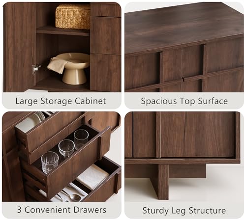 Image of Sideboard Buffet Cabinet with Storage, 47.2 inch Large Sideboard with 2 Doors & 3 Drawers, Mid Century Modern Credenza with Skeleton Line&Wood Grain for Living room, Kitchen and Entryway, Walnut