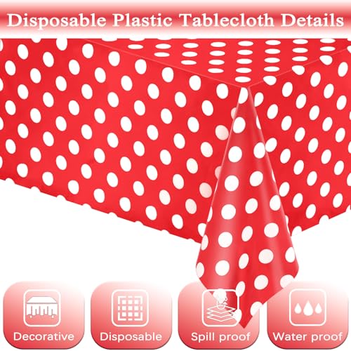 Image of WNINK 2 Pack Red and White Polka Dot Tablecloths - Disposable Plastic Waterproof Table Cover, 54 inch x 108 inch, for Birthday, Wedding, Bridal Shower, Bachelor Party, and Picnic