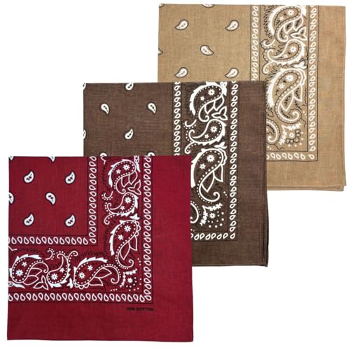 [MDSTYLE] 3枚セット バンダナ コットン 100% 大判 56cm x 56cm スカーフ 三角巾 ハンカチ ペイズリー (ワインレッド/茶色/カーキ)