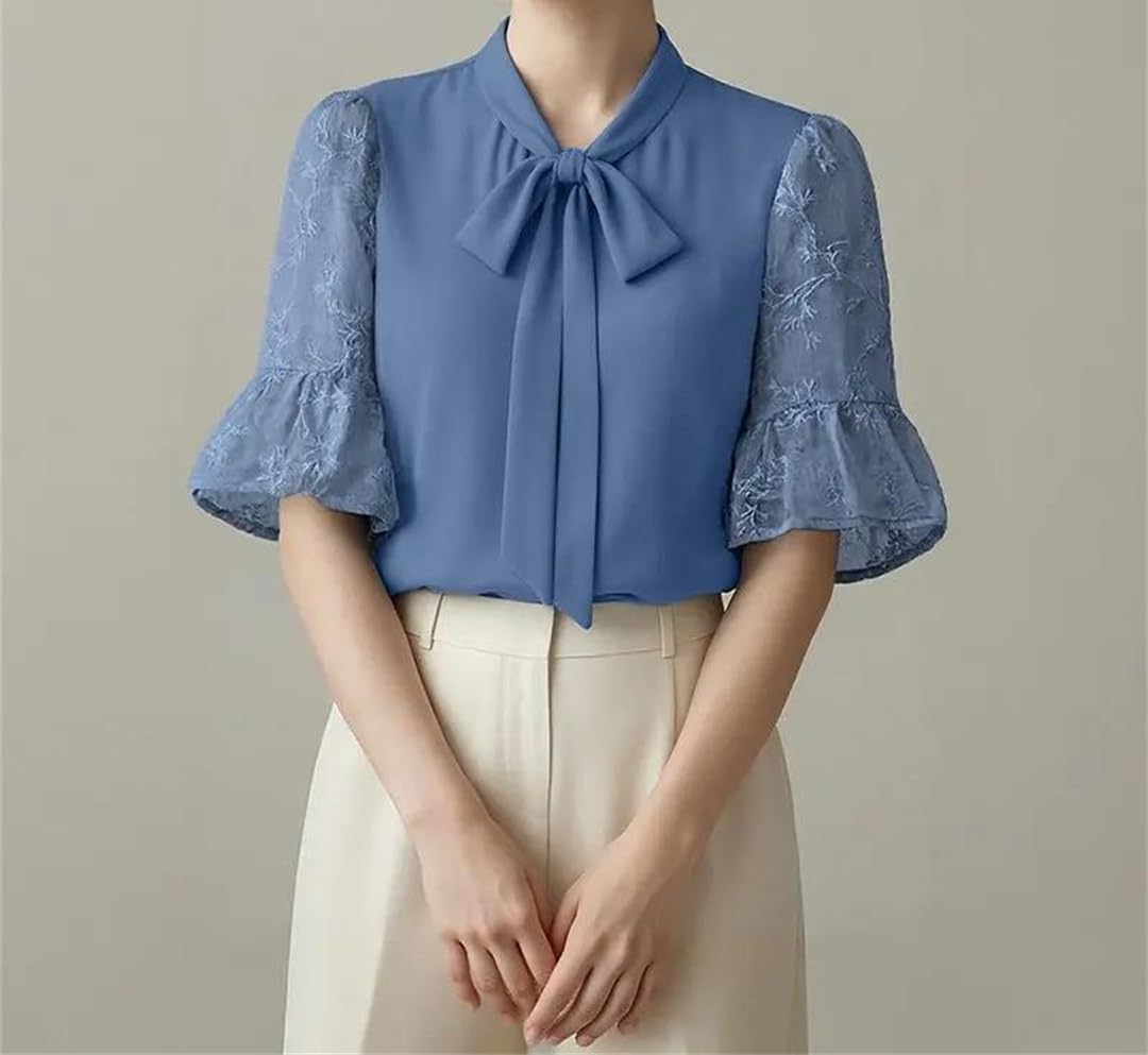 Camicette estive da donna in pizzo patchwork da ufficio eleganti con colletto a fiocco camicia a maniche svasate tinta unita cave top tunica