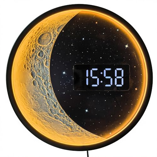 Moon Phase Digital Wall Clock Large Display Space Decor for Bedroom Kitchen