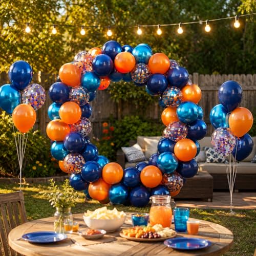 Image of Blue and Orange Party Balloons, 50Pcs 12 Inch Confetti Metallic Blue Latex | Orange and Metallic Blue Balloons for Boys Birthday Baby Shower Wedding Boys Graduation Family Party Photo Backdrop Decor