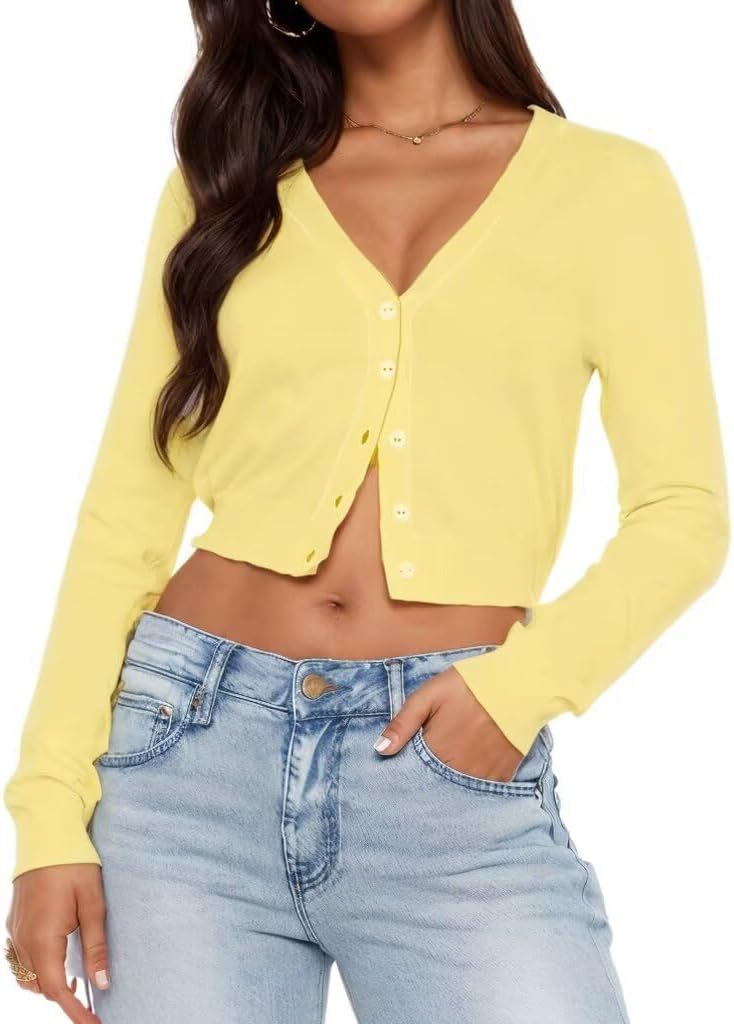 LEEDYA Women's Long Sleeve Cardigans Open Front Knit Cropped Sweaters Fall V Neck Button Down Jacket Tops