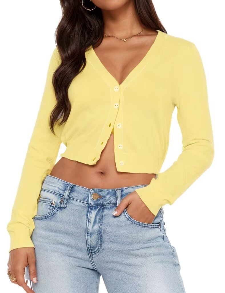 LEEDYA Womens Long Sleeve Cardigans Open Front Knit Cropped Sweaters Fall V Neck Button Down Jacket Tops
