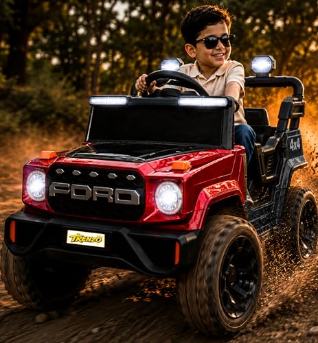 Image of Trenzo Kids Electric Ride On Jeep Car for 2-6 Years | 4x4 Style Battery Operated Toy Car with Steering Wheel, Music, LED Lights | Indoor & Outdoor Ride On Vehicle for Boys & Girls
