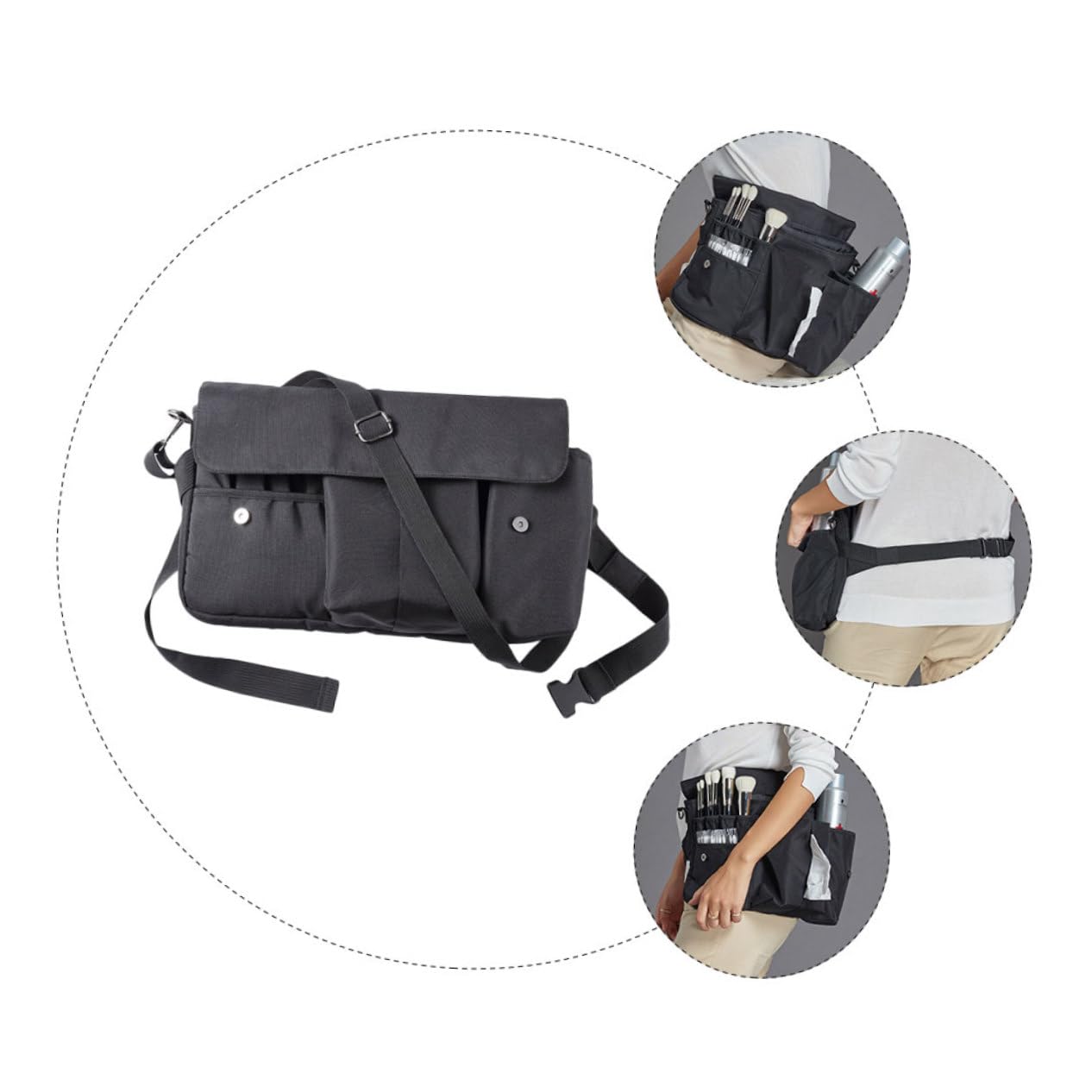 Borsa Porta Trucchi da Viaggio in Tela Nera, Organizer per Pennelli con Cintura, Portatile e Comoda, Pratica per Utilizzo Quotidiano