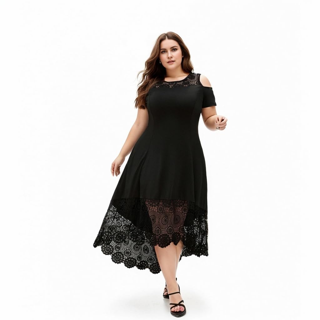 ZNUWomens Plus Size Lace Cold Shoulder Casual Maxi Dress Plain Evening Party Dresses High Low Cocktail Dress