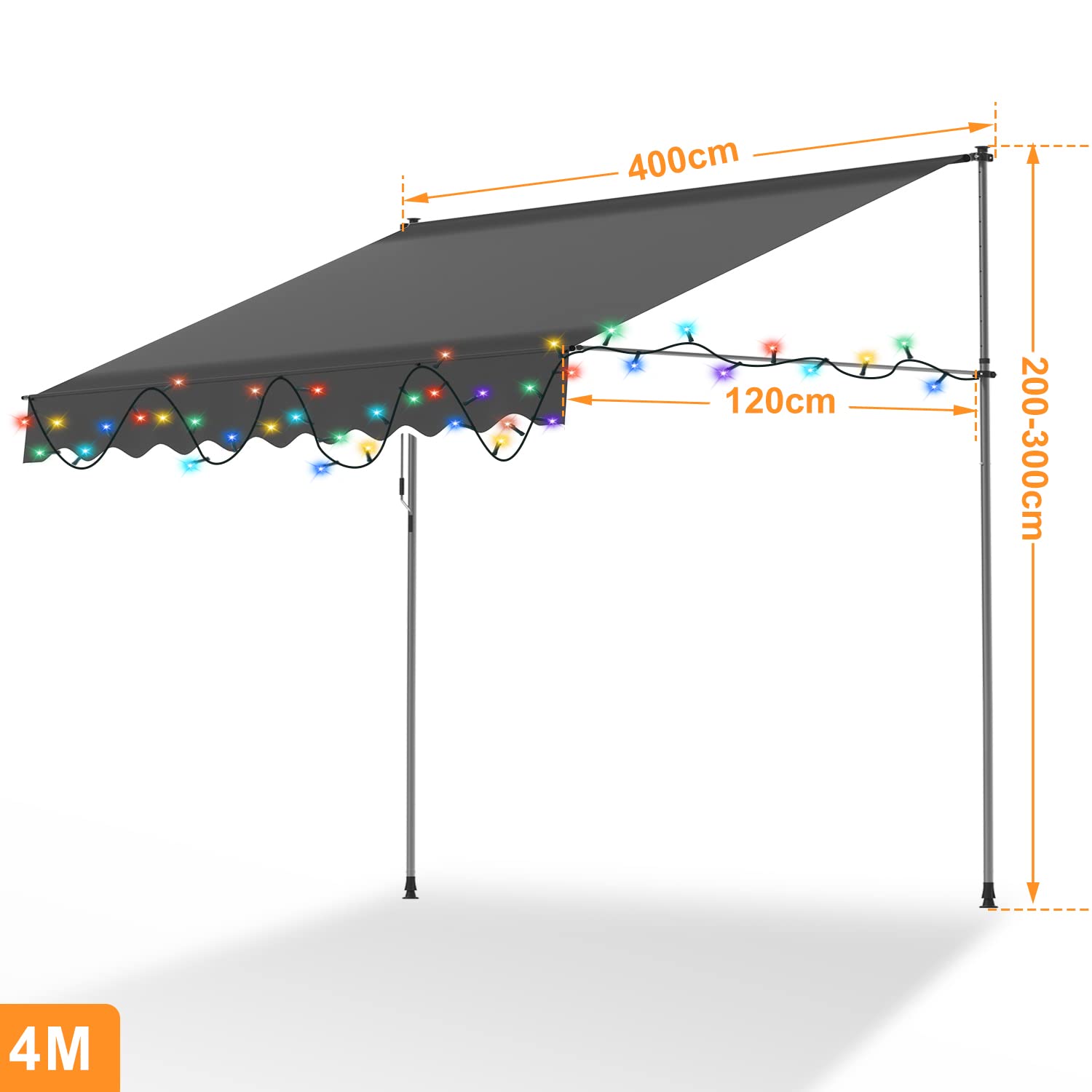 Gimisgu Markiza zaciskowa, 400 x 120 cm, z solarnym kolorowym łańcuchem świetlnym LED, 2 w 1, markiza balkonowa z korbą ręczną, balkon, z regulacją wysokości, ochrona przed promieniowaniem UV, bez