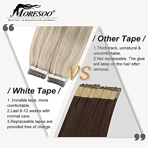 Image of Moresoo Hair Extensions Tape Ash Blonde 22in 40Pcs 100g | Hair extensions tape, added density, long straight strands, platinum dimension for French twists and formal event use
